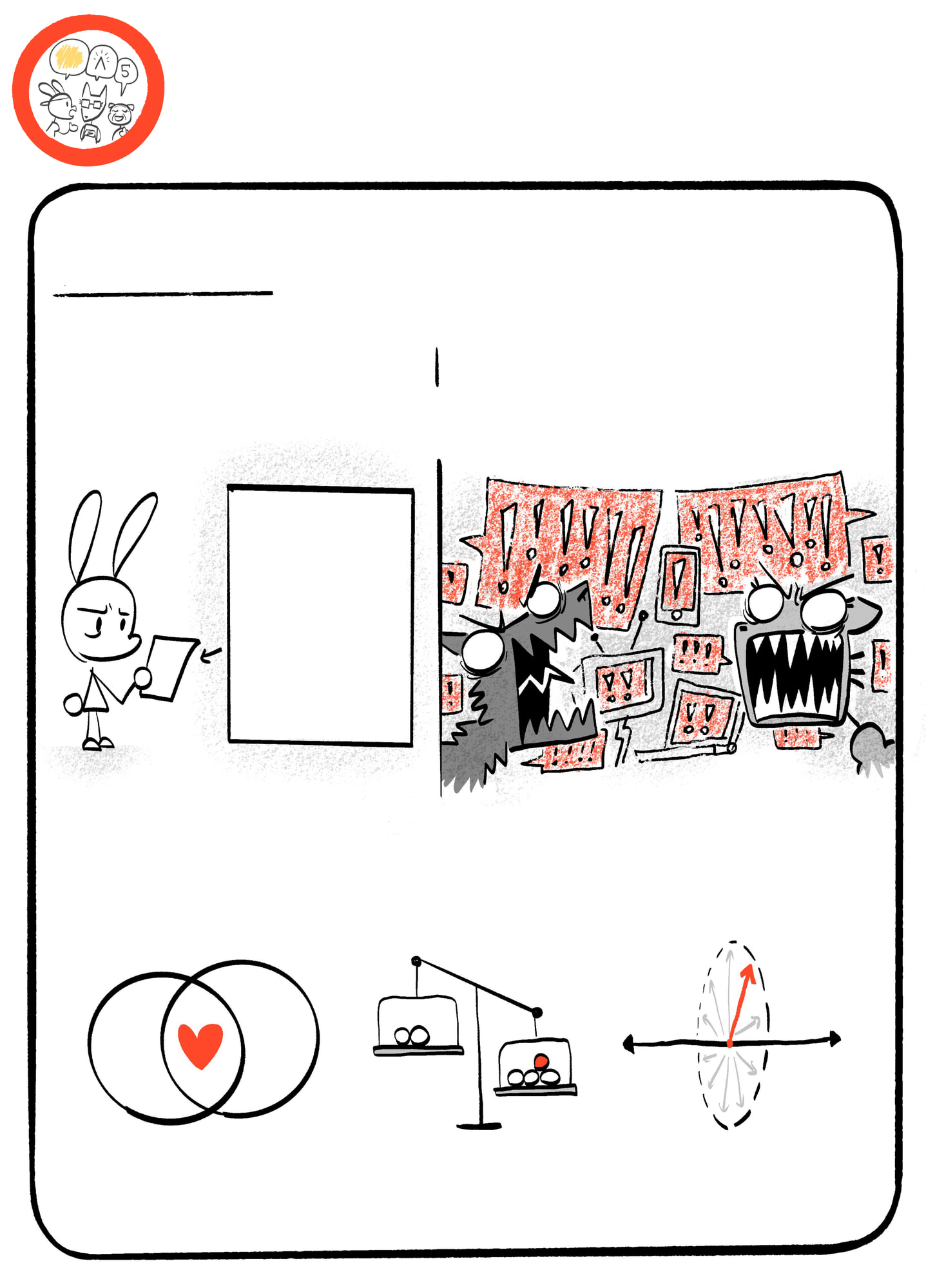 Hand-lettered comic page headed 'ATTENTIVENESS — PROBLEM': a calm rabbit ticks a multiple-choice ballot reading 'bad guy / worse guy / no chance of winning' beside a red, chaotic screaming match of monstrous figures, illustrating that citizens get only an occasional vote or an online shouting match; three small icons below stand for finding facts and values where we agree, being constructive where we disagree, and finding truly new solutions.