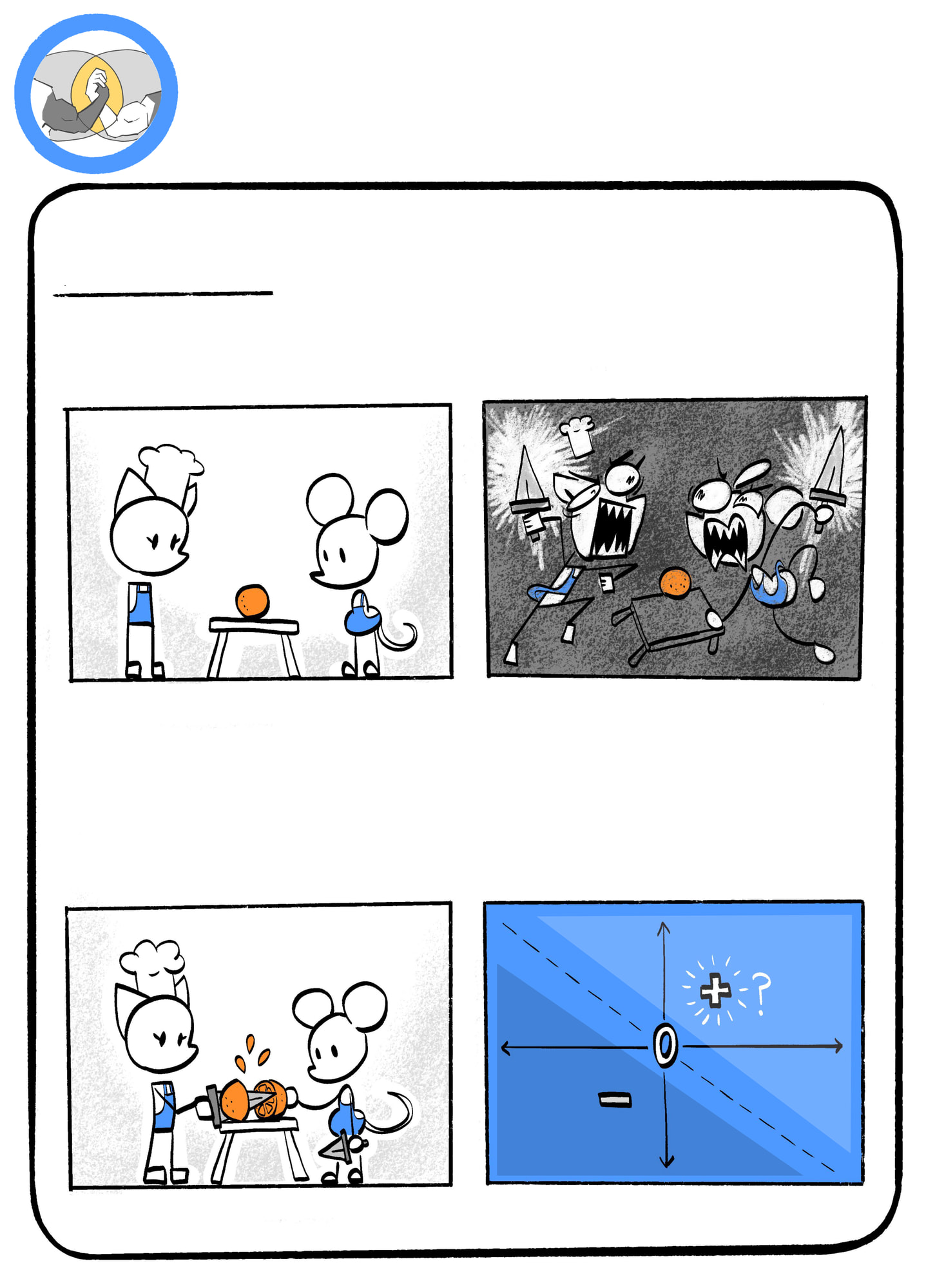 Hand-lettered comic page headed 'SOLIDARITY — PROBLEM': when people want different things we slip into negative-sum or zero-sum thinking — two chefs both want one orange, so they could fight over it and both end up worse off (negative-sum), or split it equally, which still assumes one side's gain is the other's loss (zero-sum); a win-lose diagram sits below.